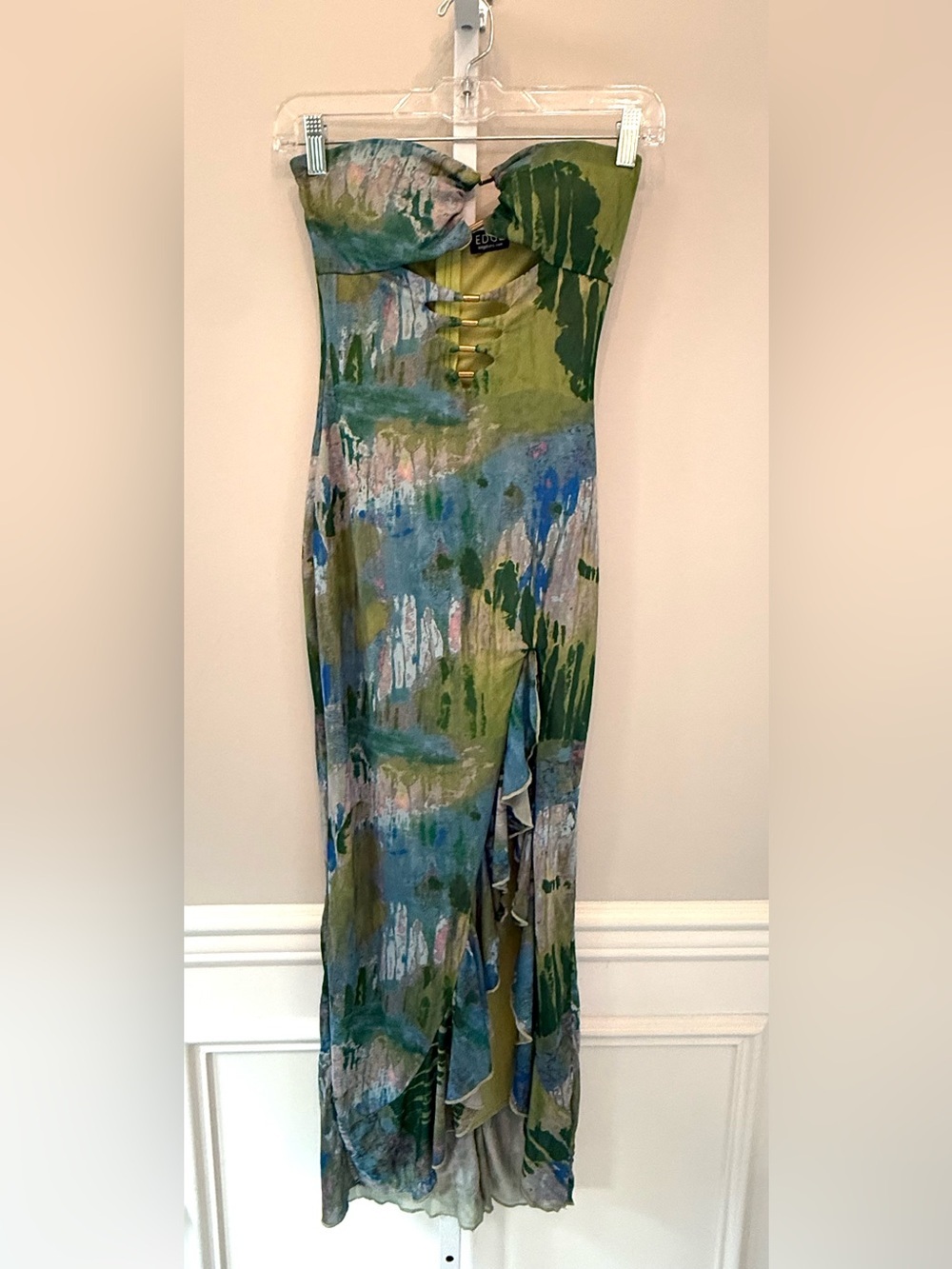 Edge Strapless Maxi Dress Abstract Green Blue Print Ruffle Slit Size S